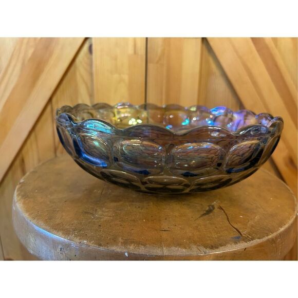 Federal CARNIVAL  GLASS  Iridescent Thumbprint  "Colonial Smoke" 9 3/8” Bowl Vtg - Picture 4 of 10